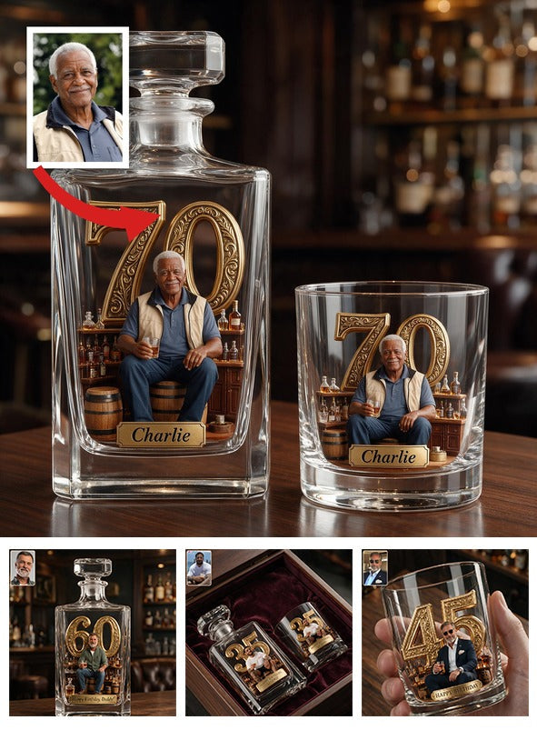 Personalized 70th Birthday Older Black Man Whiskey Decanter Set Dad Grandpa Gift