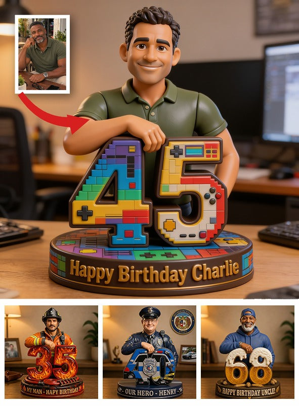 Personalized 45th Birthday Middle-Aged Black Man 3D Figurine Gift for Dad Grandpa