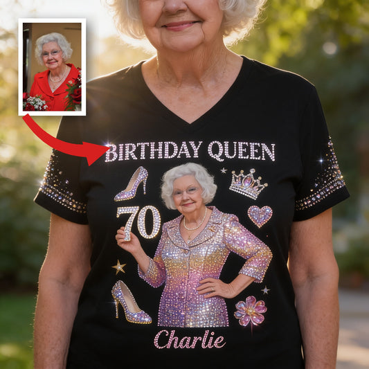 Personalized 70th Birthday Older Woman V-Neck T-Shirt Gift