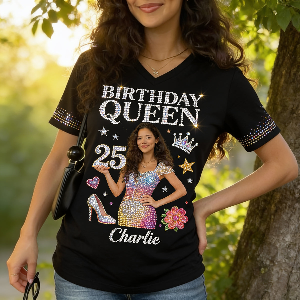 Personalized 25th Birthday Latina Woman V-Neck T-Shirt, Birthday Queen Gift For Her