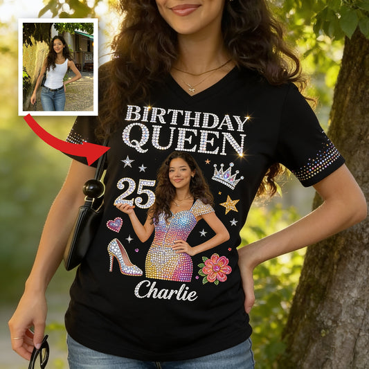 Personalized 25th Birthday Latina Woman V-Neck T-Shirt, Birthday Queen Gift For Her