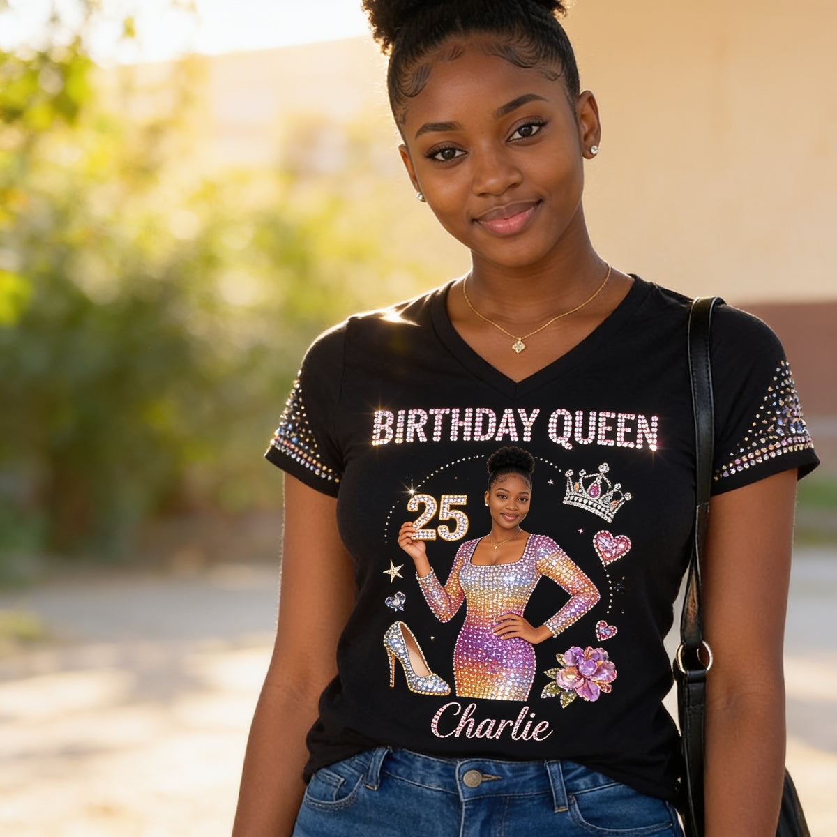 Personalized 25th Birthday Black Woman V-Neck T-Shirt Gift For Her