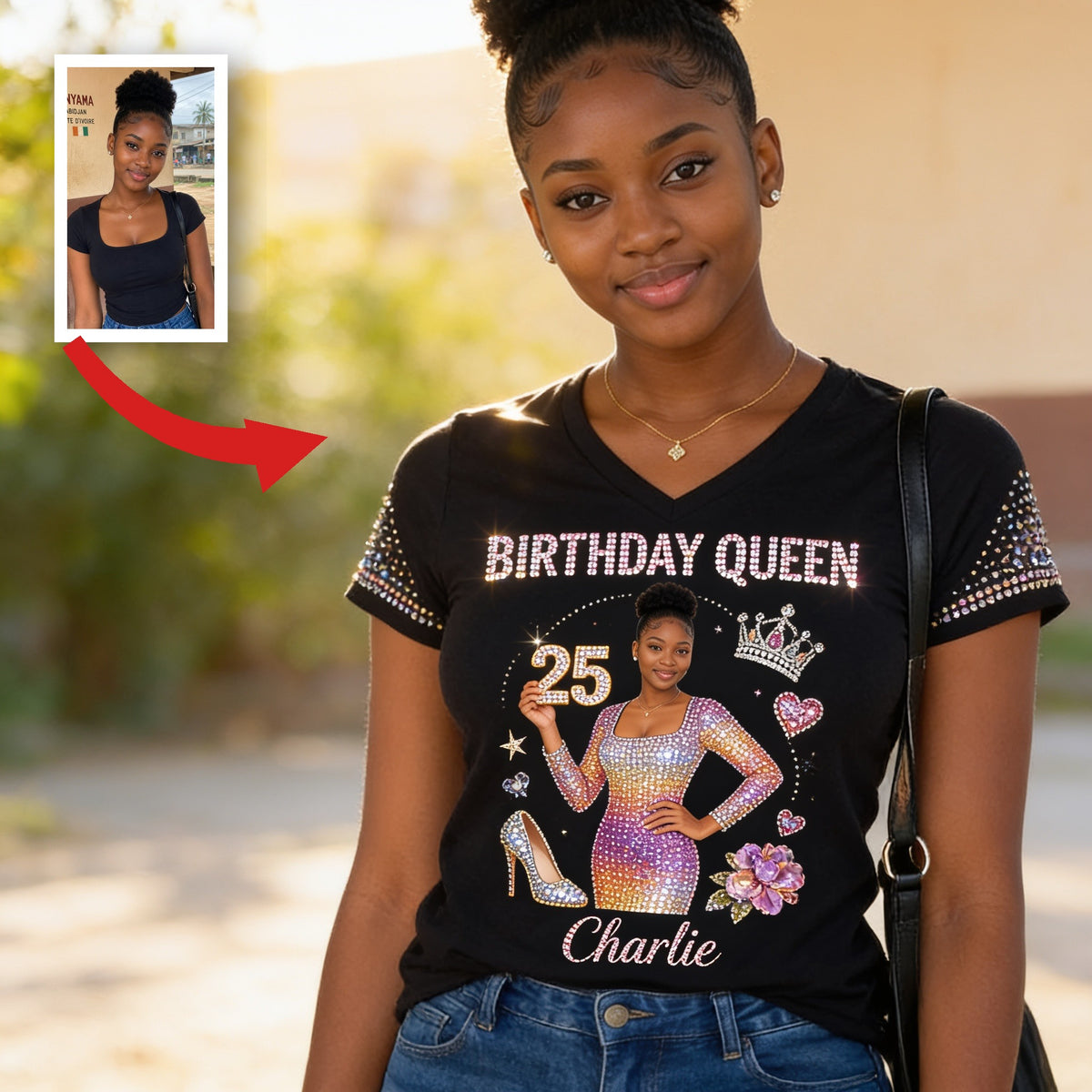 Personalized 25th Birthday Black Woman V-Neck T-Shirt Gift For Her