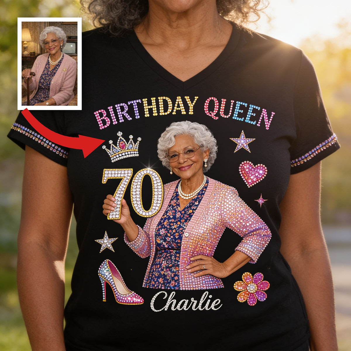 Personalized 70th Birthday Older Black Woman V-Neck T-Shirt Gift