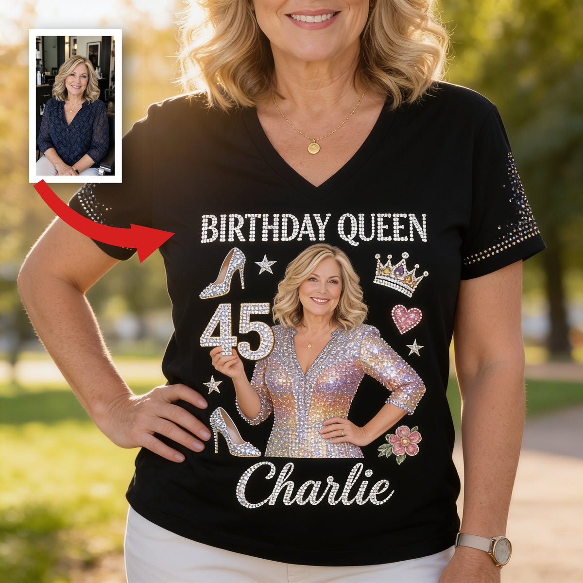 Personalized 45th Birthday Middle-Aged Woman V-Neck T-Shirt Birthday Queen Gift