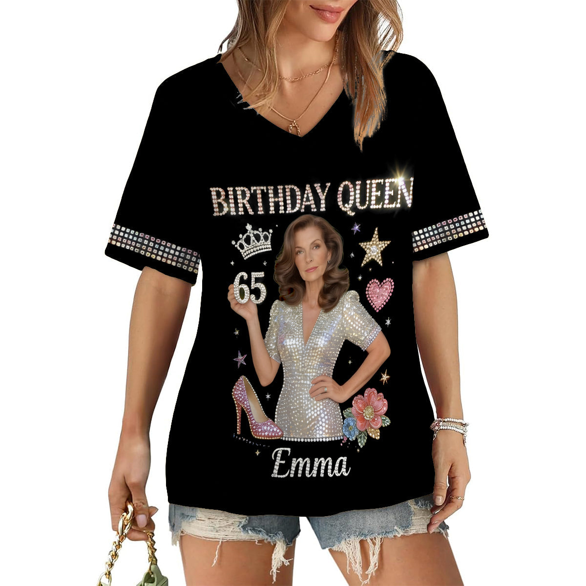 Personalized 25th Birthday Latina Woman V-Neck T-Shirt, Birthday Queen Gift For Her