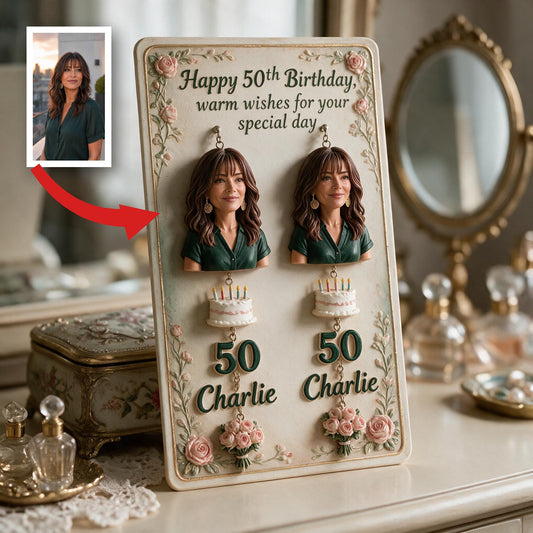 Personalized 50th Birthday Middle-Aged Latina Woman Earrings with Display Card Gift for Mom Wife Grandma