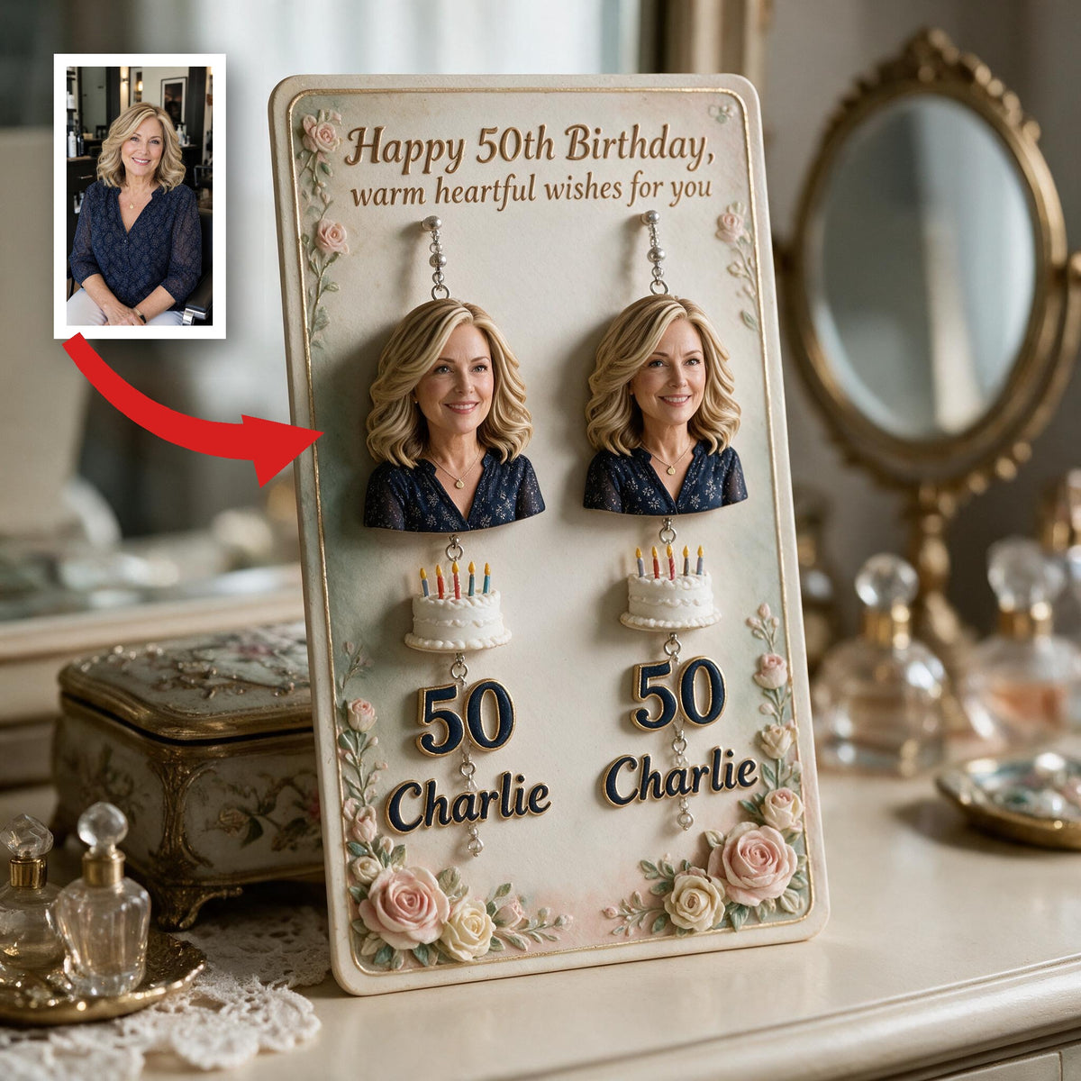 Personalized 50th Birthday Middle-Aged Woman Earrings with Display Card Gift for Mom Wife Grandma