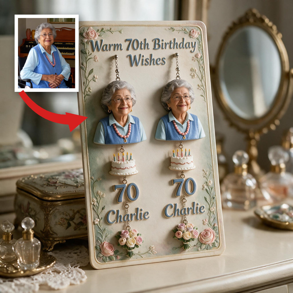 Personalisierte Ohrringe zum 70. Geburtstag für ältere Latina mit Karte, Geschenk für Oma Mama Frau
