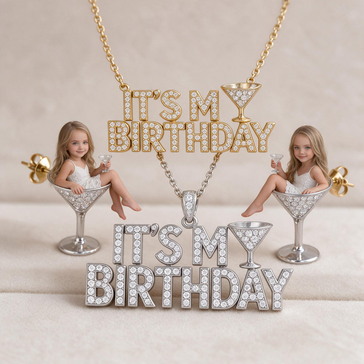 Personalized Birthday Little Girl Pendant Necklace & Stud Earrings Set