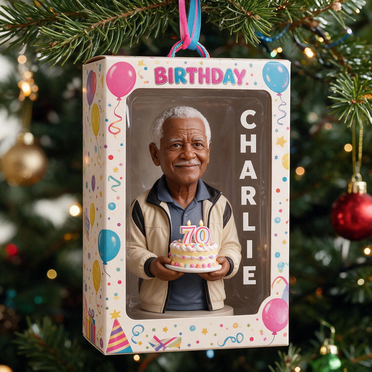 Personalized 70th Birthday Older Black Man Ornament, Gift for Dad Grandpa Husband
