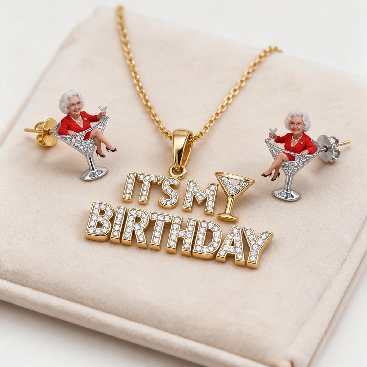 Personalized 70th Birthday Older Woman Pendant Necklace & Stud Earrings Set