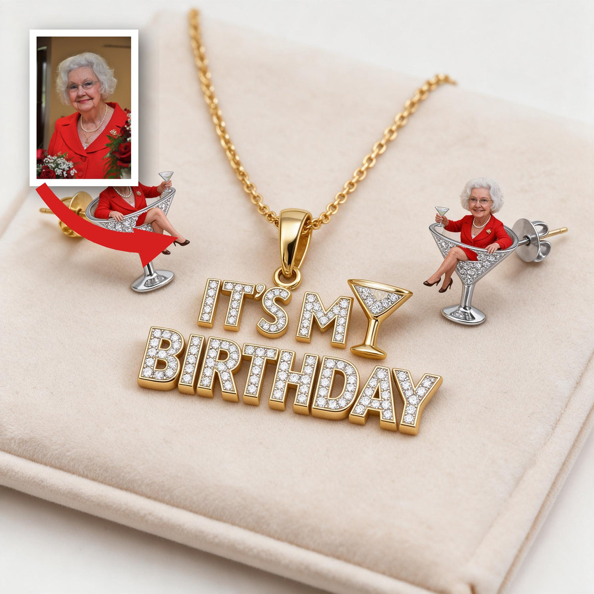 Personalized 70th Birthday Older Woman Pendant Necklace & Stud Earrings Set