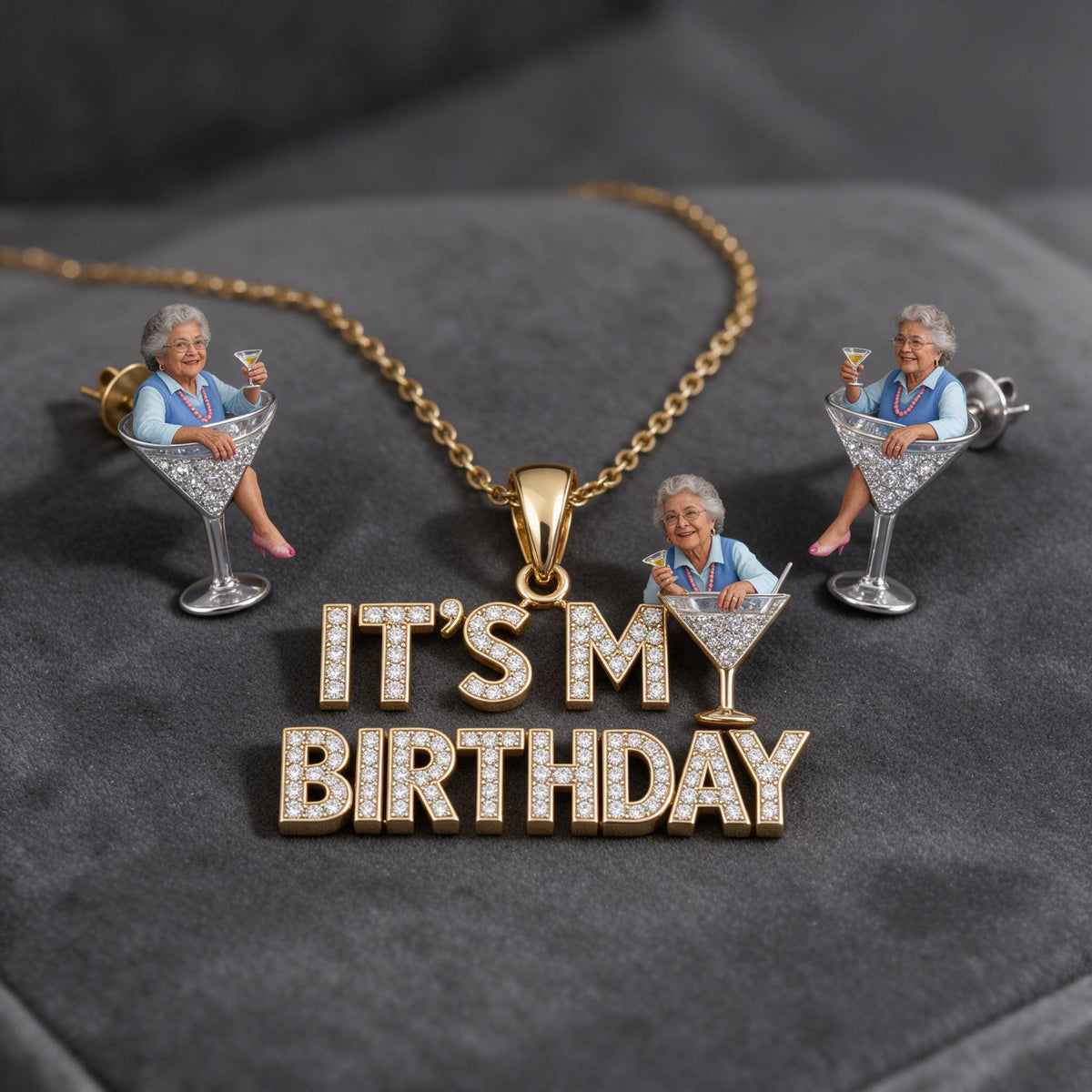 Personalized 70th Birthday Older Latina Woman Pendant Necklace & Stud Earrings Jewelry Set