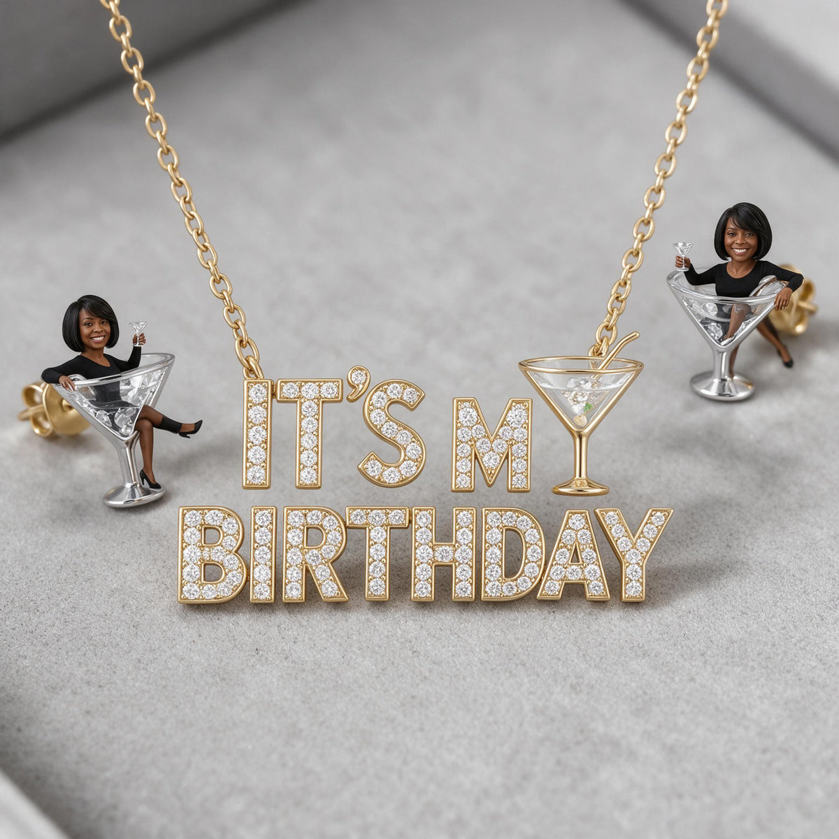 Personalized 50th Birthday Middle-Aged Black Woman Pendant Necklace & Stud Earrings