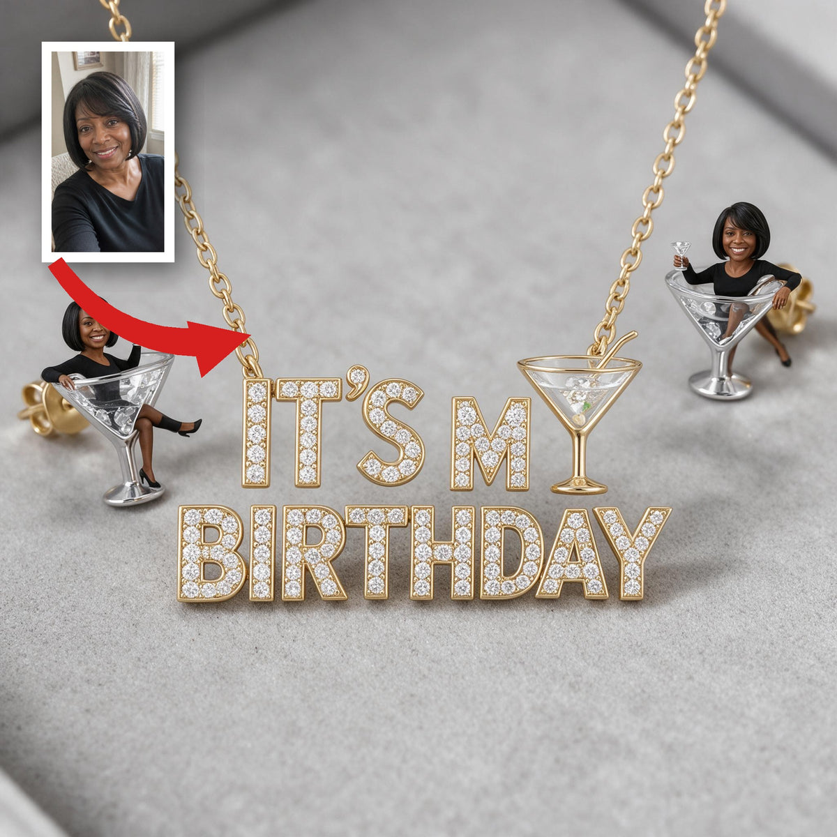 Personalized 50th Birthday Middle-Aged Black Woman Pendant Necklace & Stud Earrings