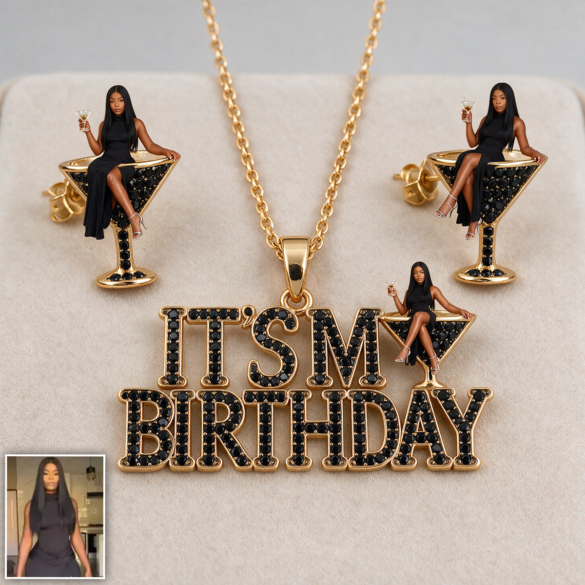 Personalized 70th Birthday Older Latina Woman Pendant Necklace & Stud Earrings Jewelry Set