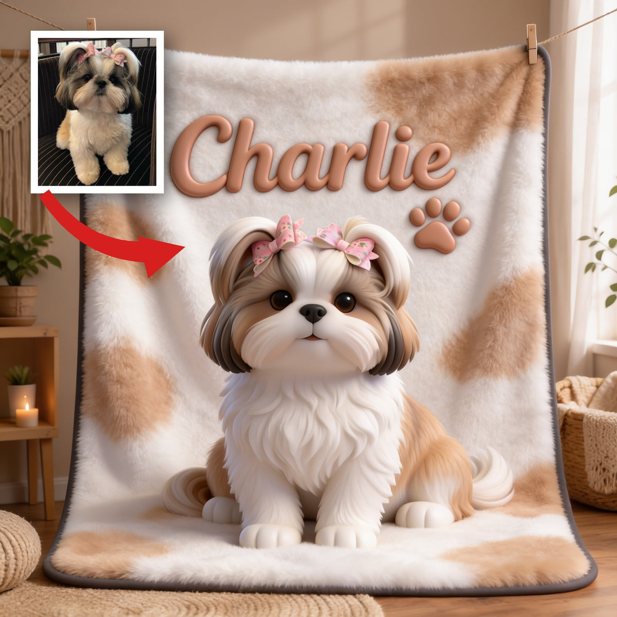 Personalized Fluffy Shih Tzu Pet Blanket Custom Dog Owner Gift