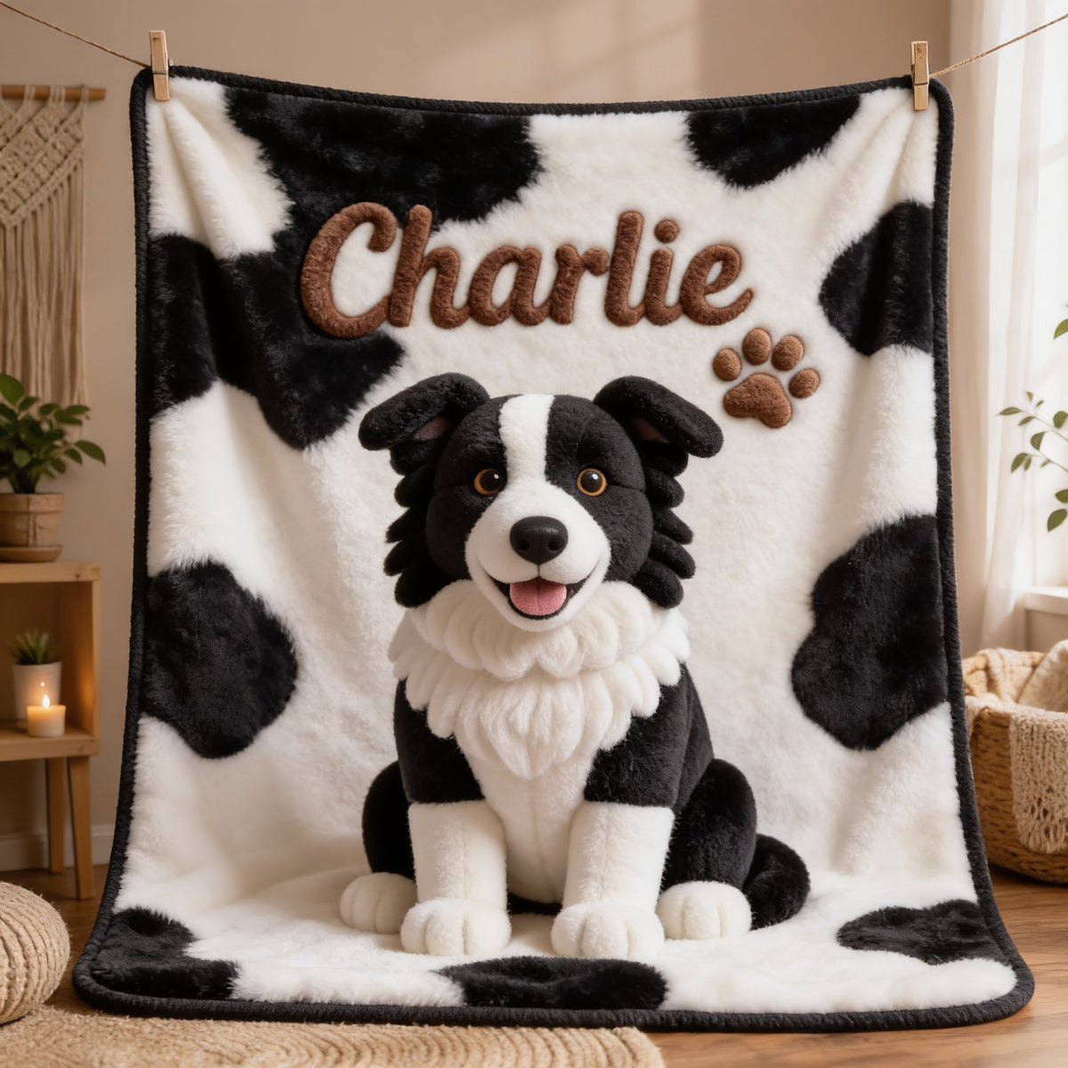 Personalized Black and White Border Collie Pet Blanket Dog Owner Gift