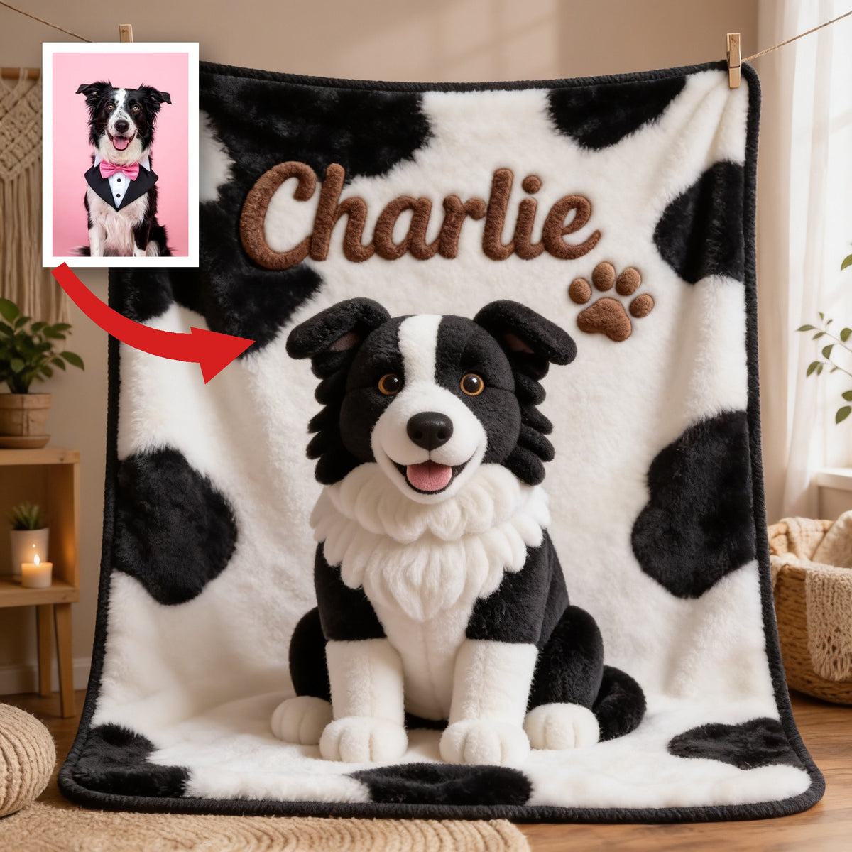 Personalized Black and White Border Collie Pet Blanket Dog Owner Gift