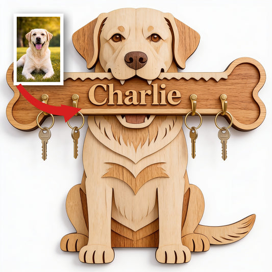 Personalized Yellow Labrador Retriever Wooden Key Rack, Custom Wall Hanging Dog Lover Gift