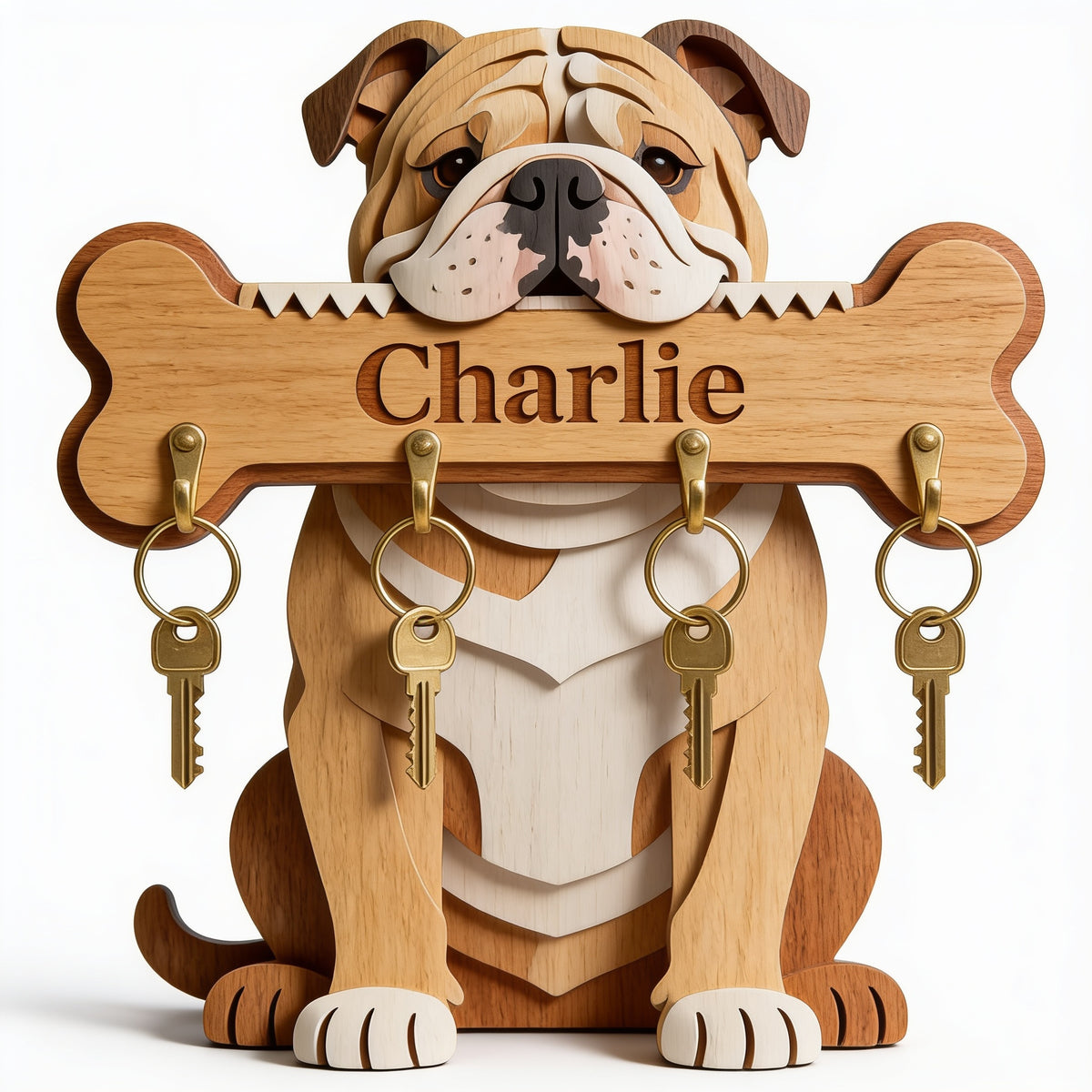 Personalisierter Fawn und Weißer Bulldoggen Holzschlüsselhalter Geschenk für Hundeliebhaber