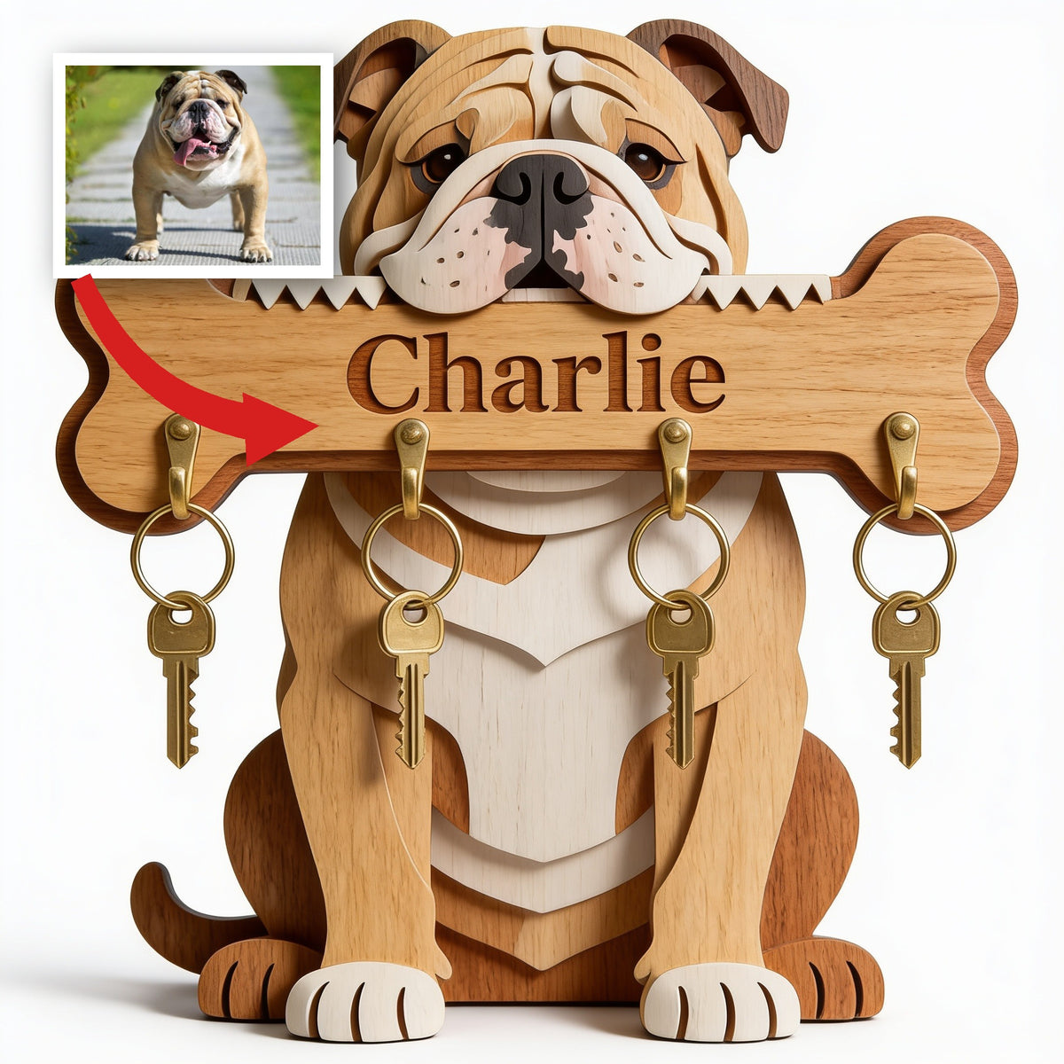 Personalisierter Fawn und Weißer Bulldoggen Holzschlüsselhalter Geschenk für Hundeliebhaber