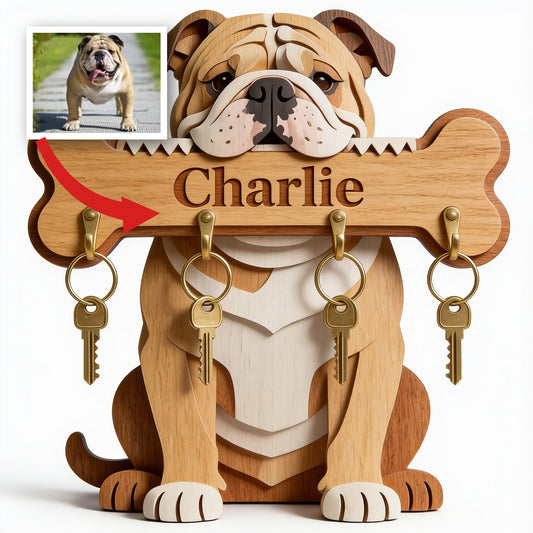 Personalized Fawn and White Adult Bulldog Wooden Key Rack Dog Lover Gift