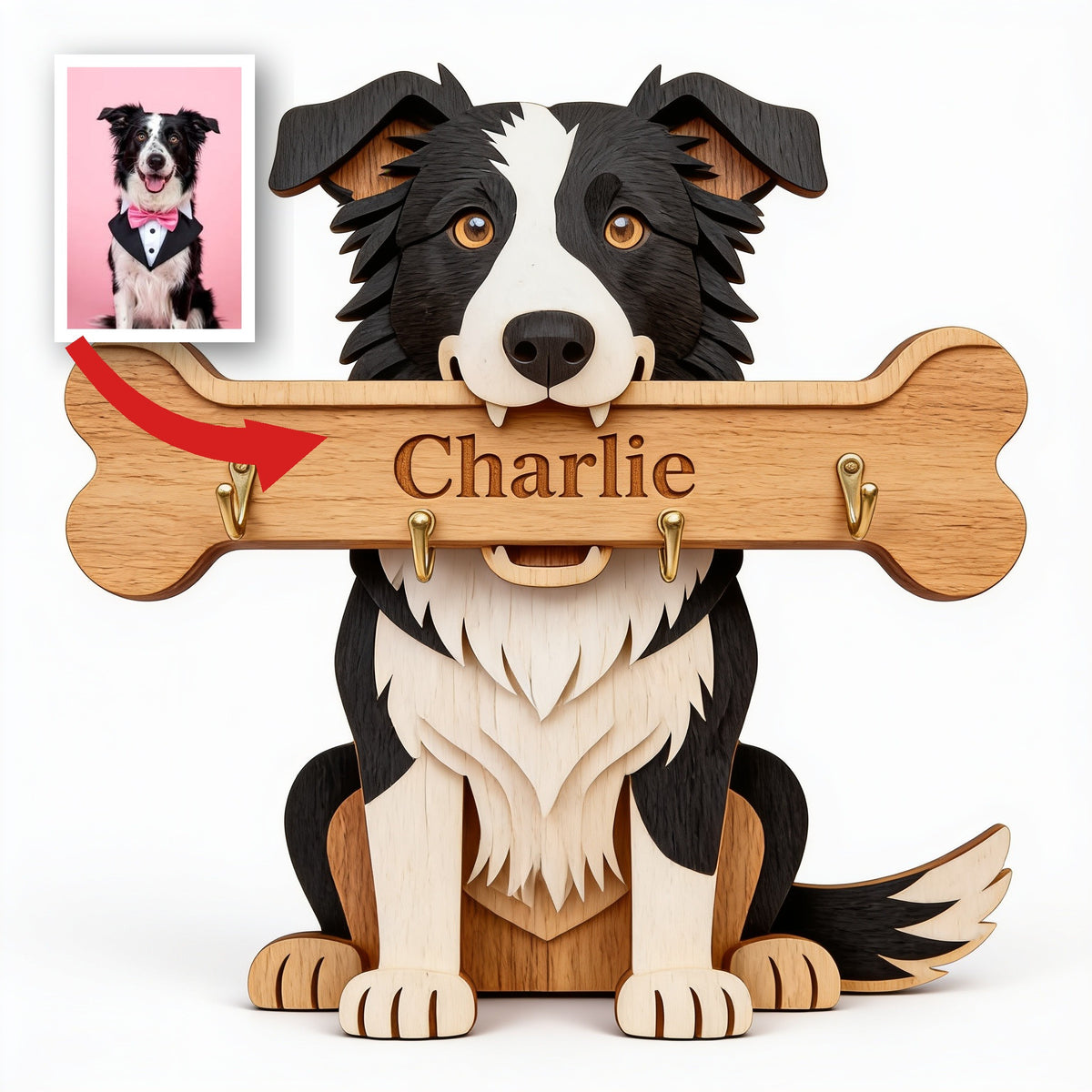 Personalized Black and White Border Collie Wooden Key Rack Dog Lover Gift
