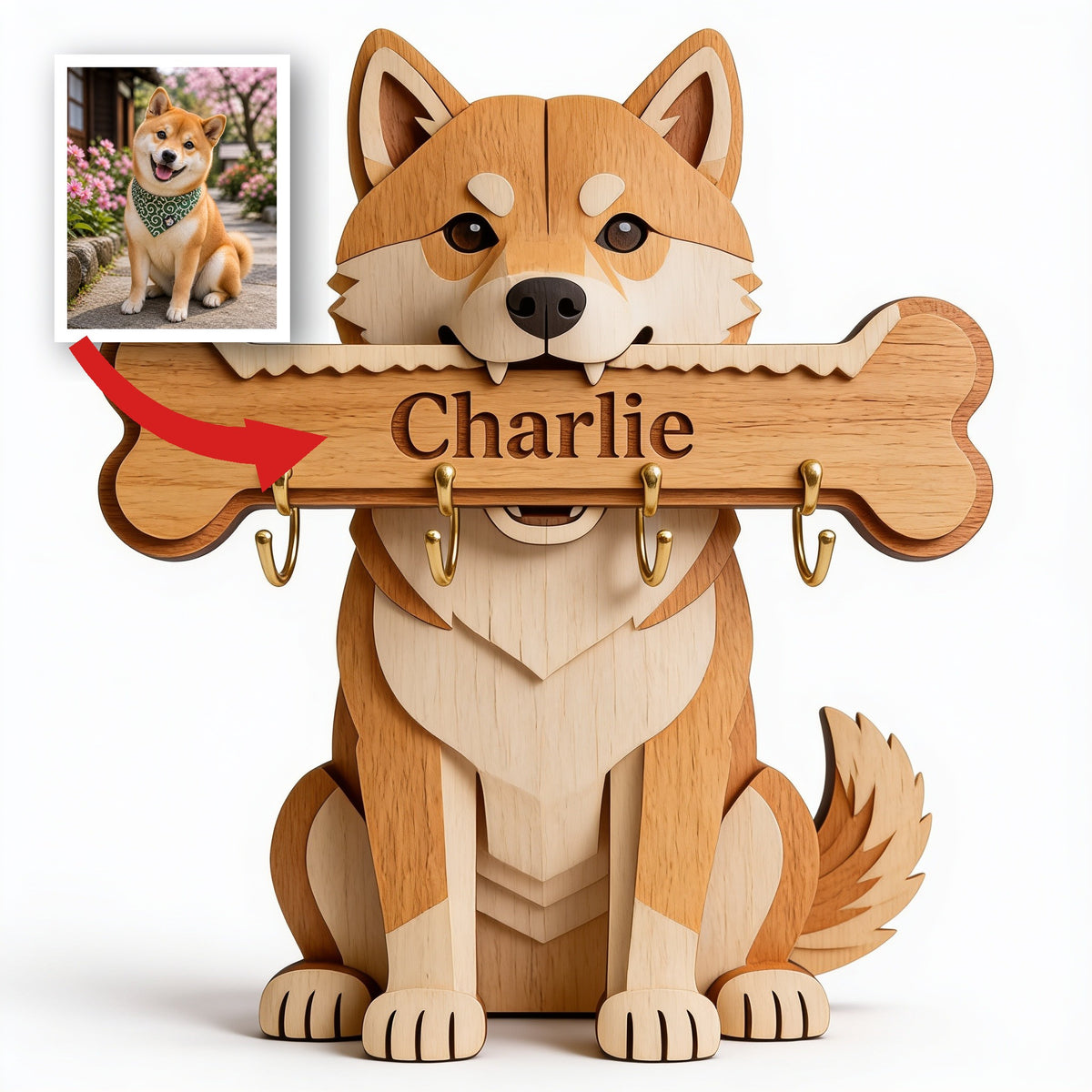 Personalized Shiba Inu Wooden Key Rack Wall Hanging Home Decor