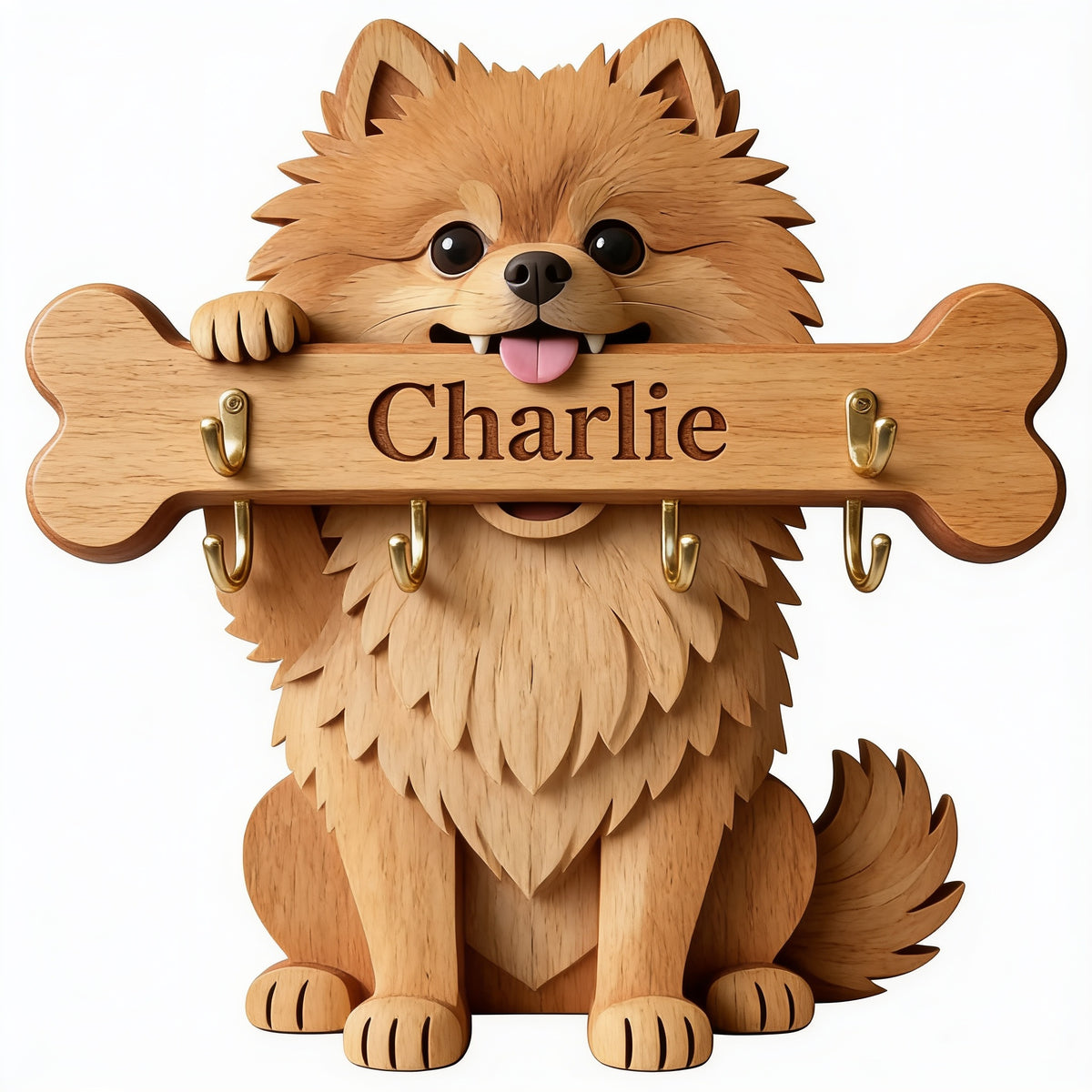 Personalisierter Flauschiger Goldbrauner Pomeranian Holzschlüsselhalter Geschenk für Hundeliebhaber
