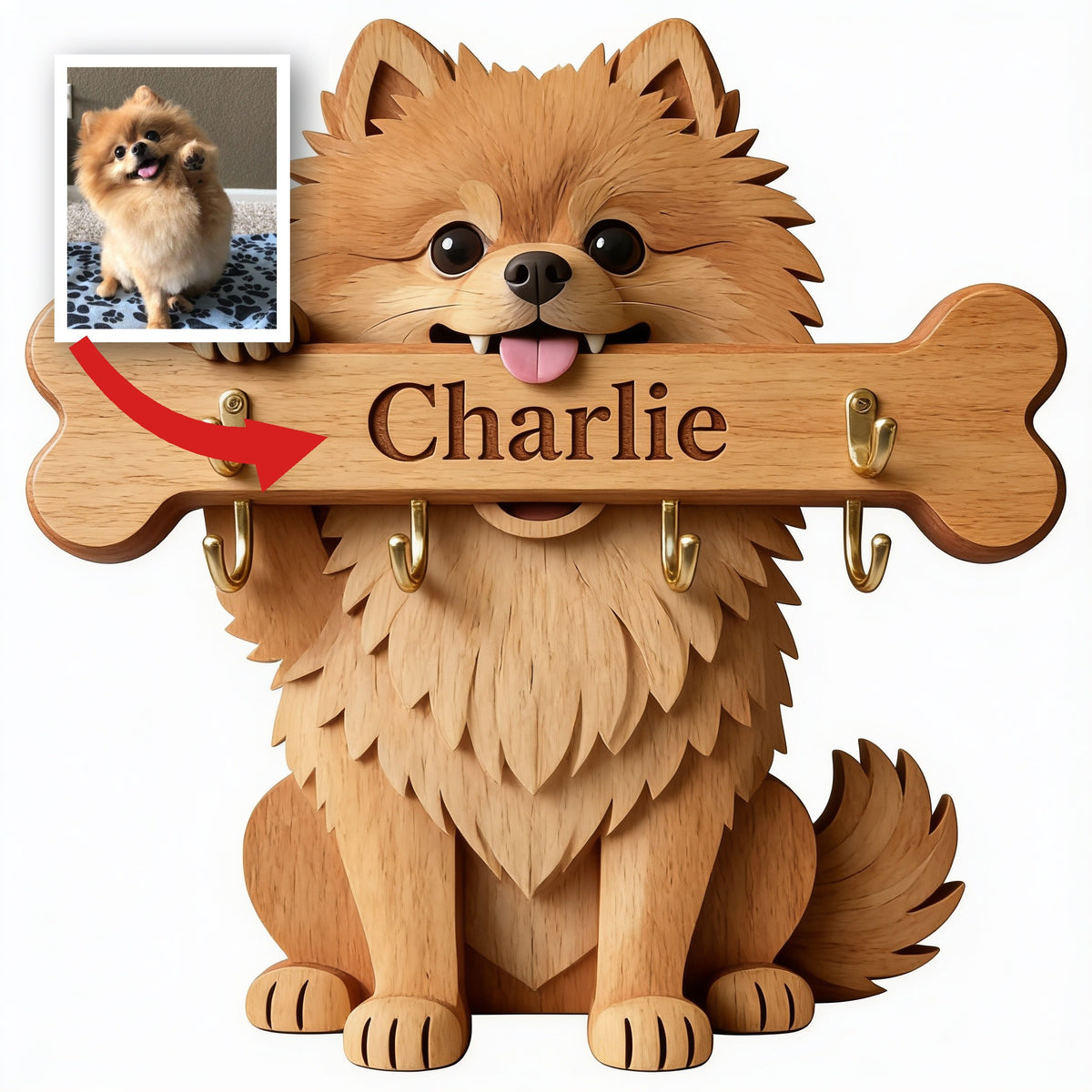 Personalisierter Flauschiger Goldbrauner Pomeranian Holzschlüsselhalter Geschenk für Hundeliebhaber