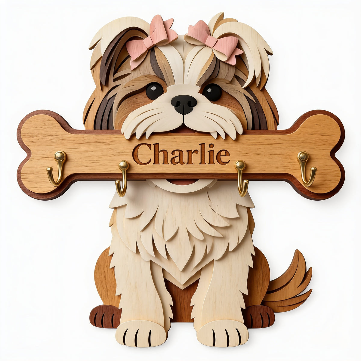 Personalized Fluffy Shih Tzu Wooden Key Rack Custom Wall Hanging Organizer