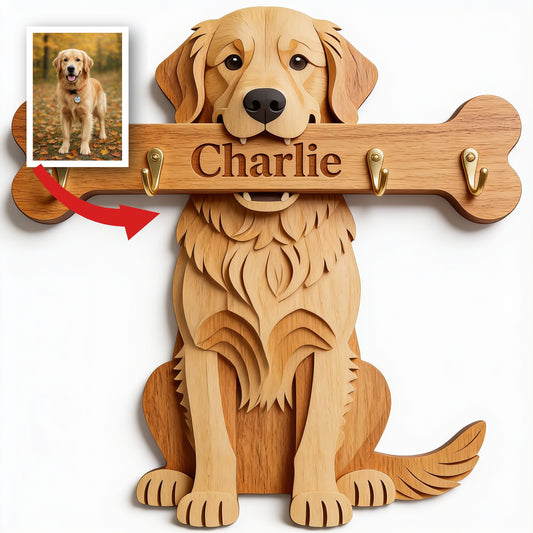 Personalized Golden Retriever Wooden Key Rack Wall Hanger Dog Owner Gift