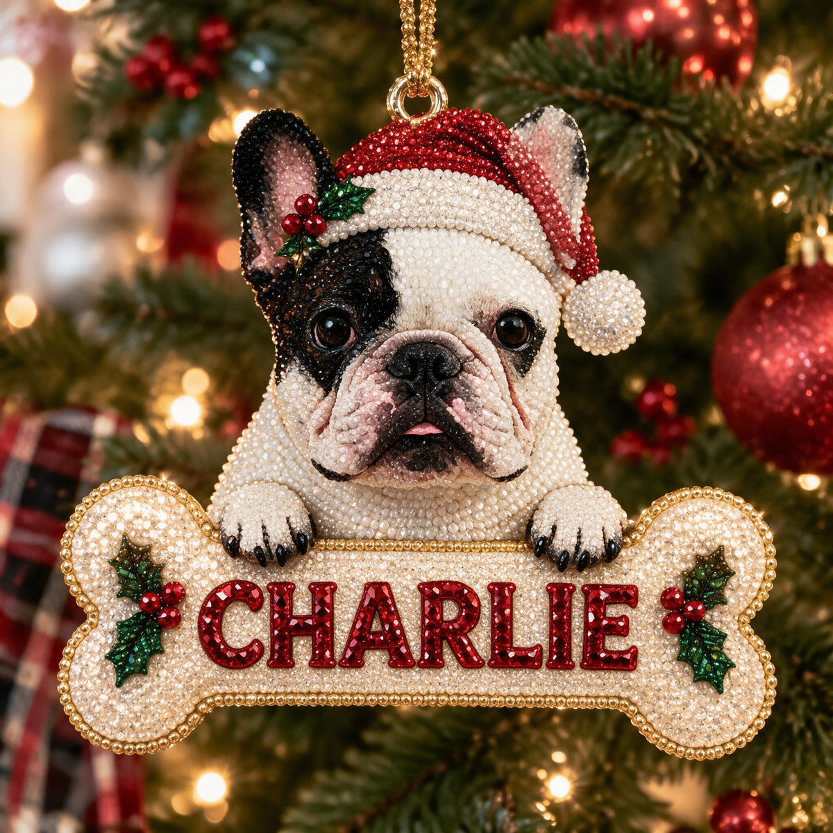 Personalized Christmas Black & White French Bulldog Diamond Painting Ornament Kit