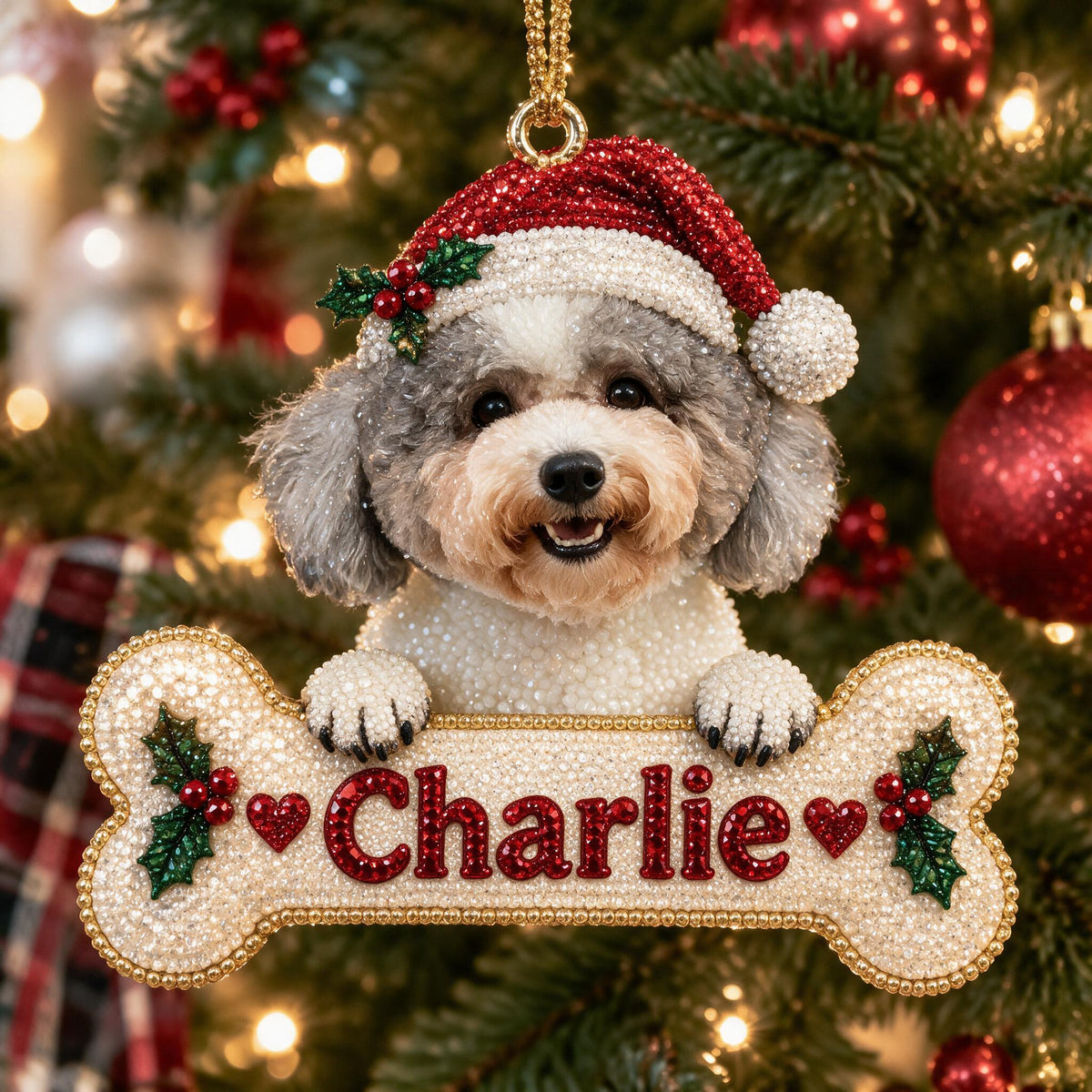Personalized Christmas Curly Fur Poodle Diamond Painting Ornament Kit
