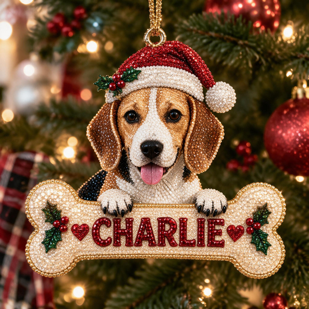 Personalized Christmas Tricolor Adult Beagle Diamond Painting Ornament Kit