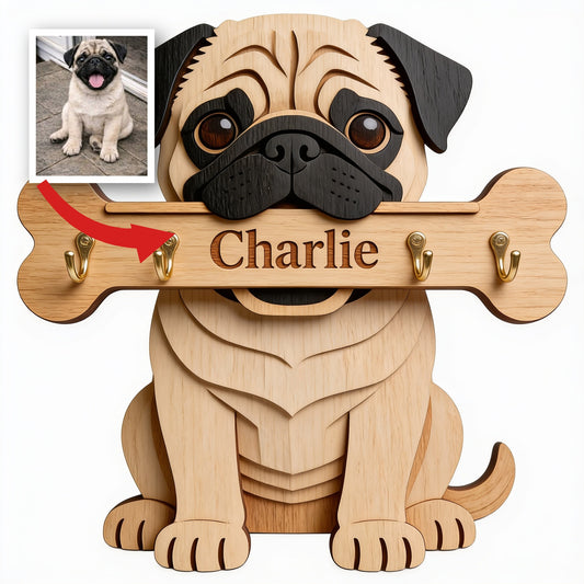 Personalized Fawn Pug Wooden Key Rack Wall Hanger Dog Lover Gift