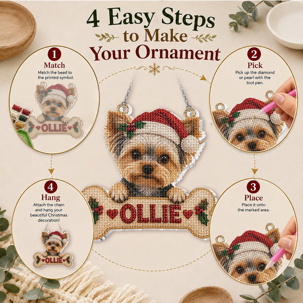 Personalized Christmas Tan & White Pembroke Welsh Corgi Diamond Painting Ornament Kit