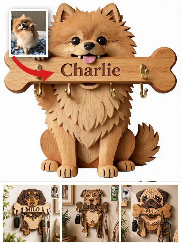Personalisierter Flauschiger Goldbrauner Pomeranian Holzschlüsselhalter Geschenk für Hundeliebhaber