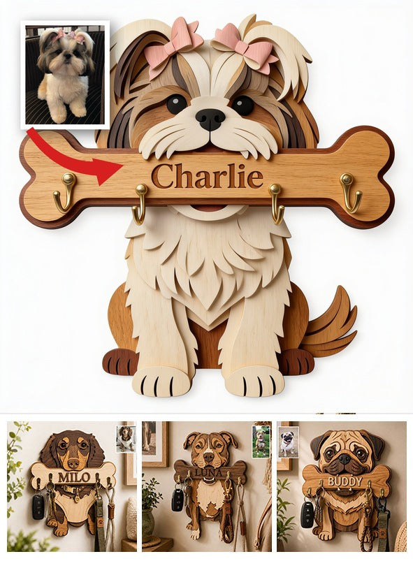 Personalized Fluffy Shih Tzu Wooden Key Rack Custom Wall Hanging Organizer