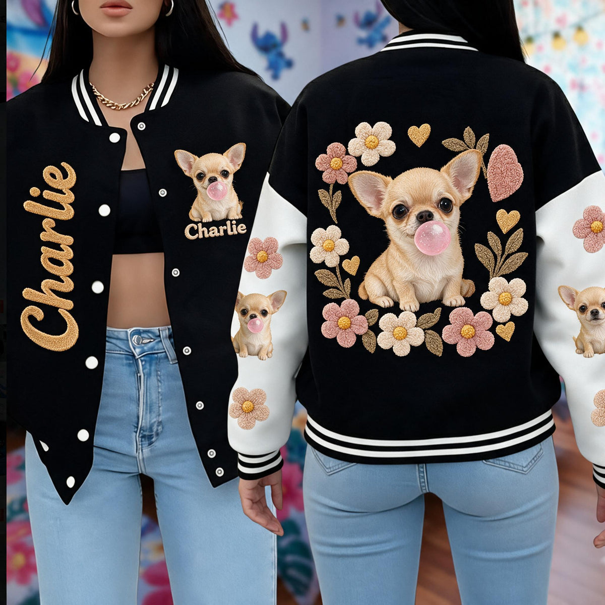 Personalized Fawn White Chihuahua Puppy Varsity Jacket Dog Lover Gift