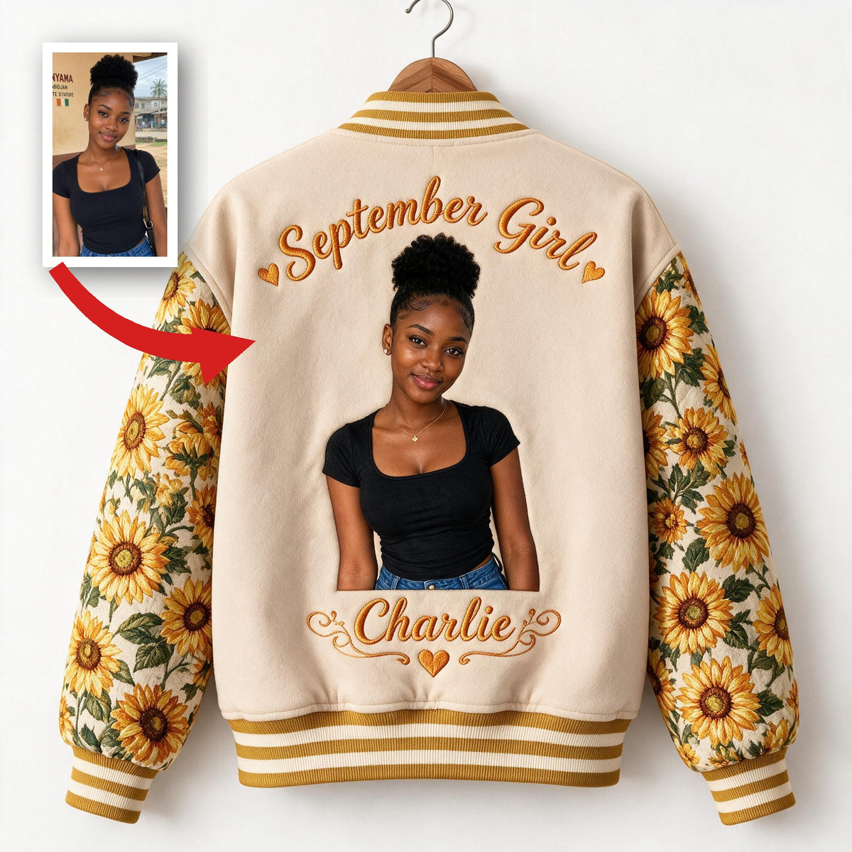 Personalized Black Woman Sunflower Floral Varsity Jacket Gift for Her