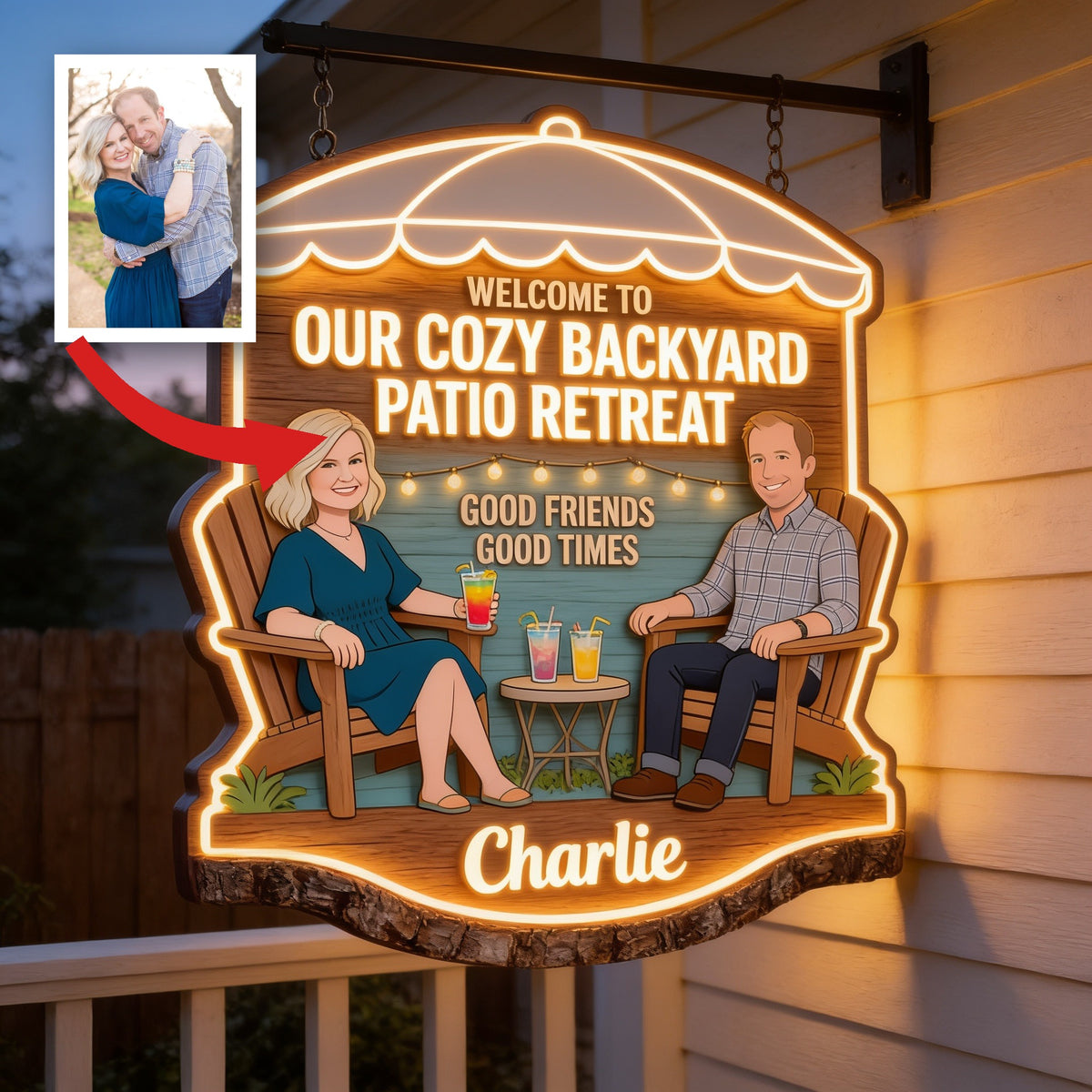 Personalized Middle-Aged Couple Backyard Patio LED Light Acrylic Sign