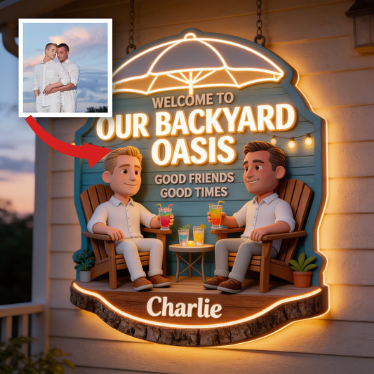 Personalized Gay Couple Backyard Oasis LED Acrylic Sign, Patio Home Decor