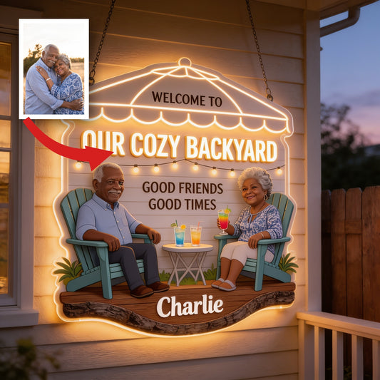 Personalized Older Black Couple Backyard LED Light Acrylic Sign Patio Home Decor