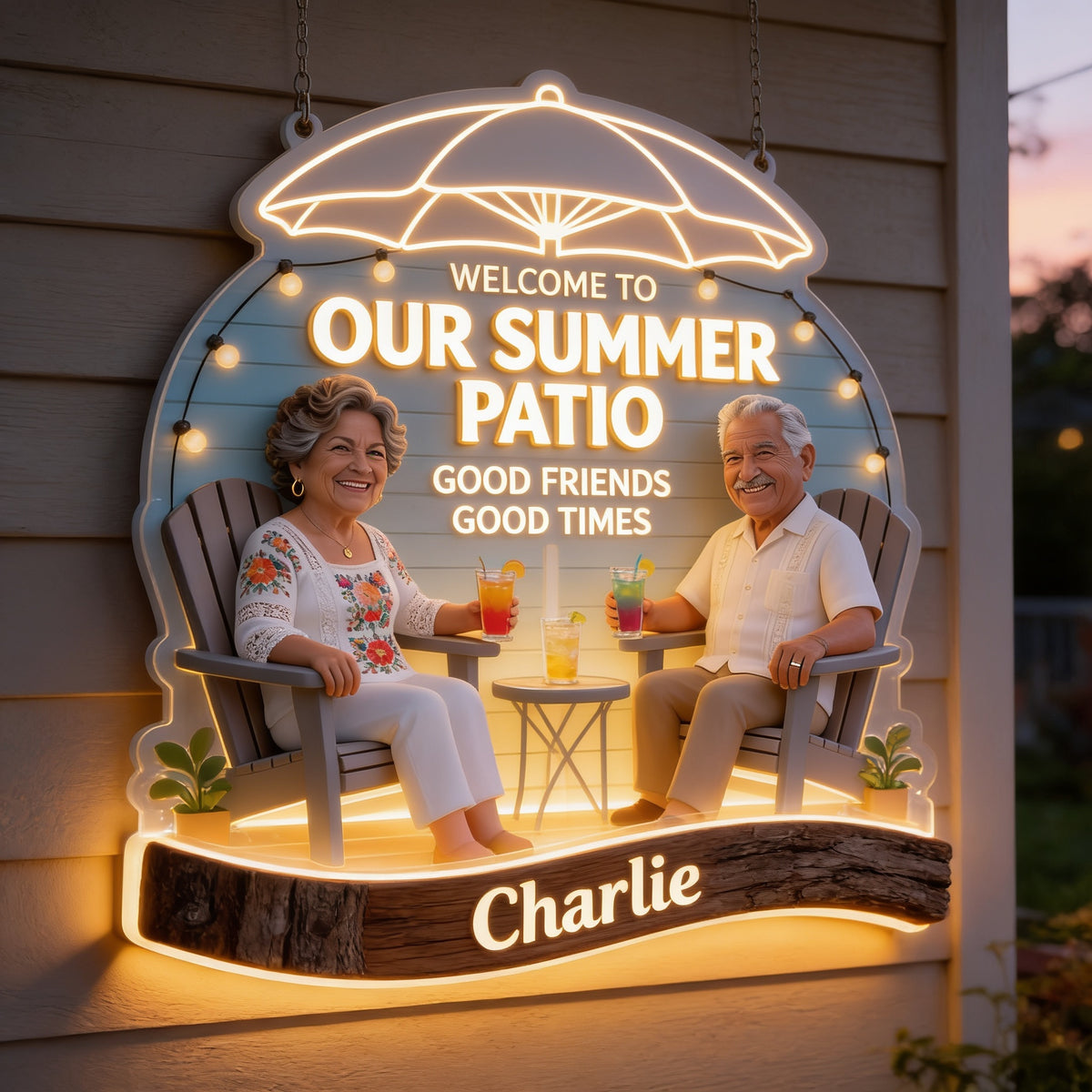 Personalized Older Latino Couple Summer Patio LED Light Acrylic Sign