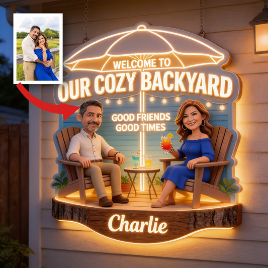 Personalized Middle-Aged Latino Couple Backyard LED Acrylic Sign Patio Decor