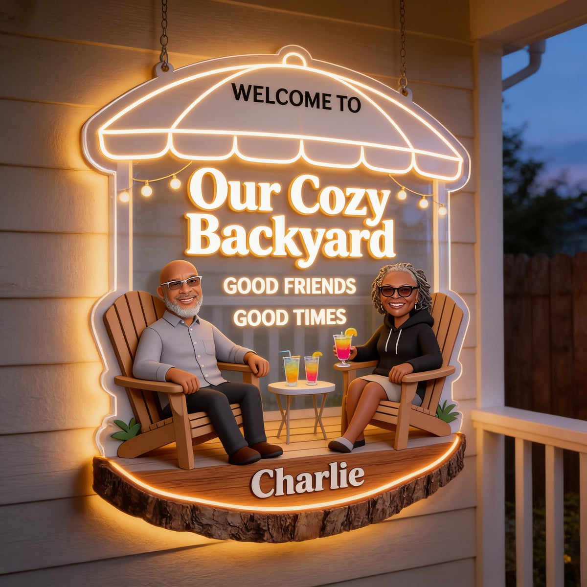 Personalized Middle-Aged Black Couple Backyard LED Light Acrylic Sign Patio Decor