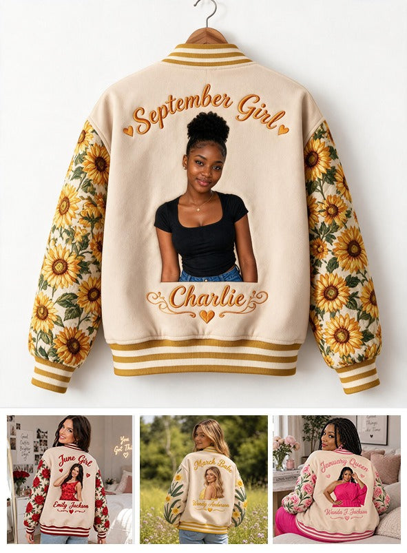 Personalized Black Woman Sunflower Floral Varsity Jacket Gift for Her